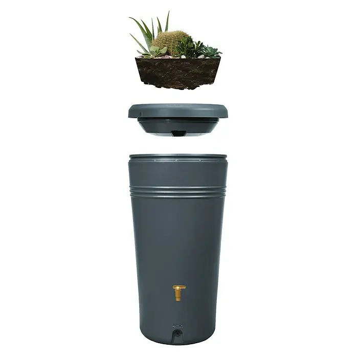 Garantia Regenspeicher Azura 2in1 - 230 l, Graphite - Regenspeicher mit Pflanzenbehälter, Deckel und Ablasshahn für die Gartenbewässerung. Ideal für nachhaltige Wassernutzung im Freien.
