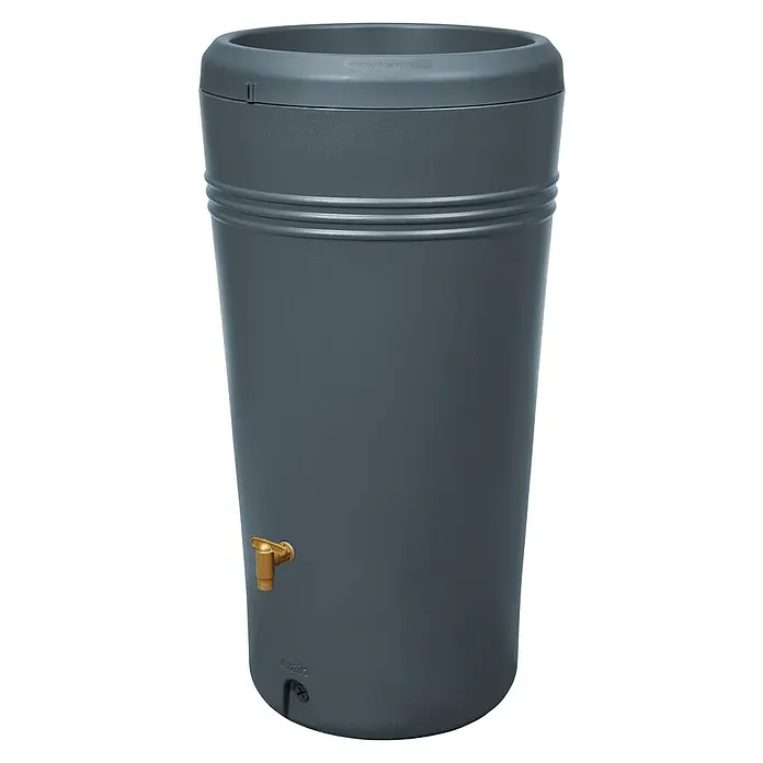 Garantia Regenspeicher Azura 2in1 - 230 l, Graphite - Eine graue Regentonne mit einem goldenen Wasserhahn, ideal für die Gartenbewässerung und zum Sammeln von Regenwasser.