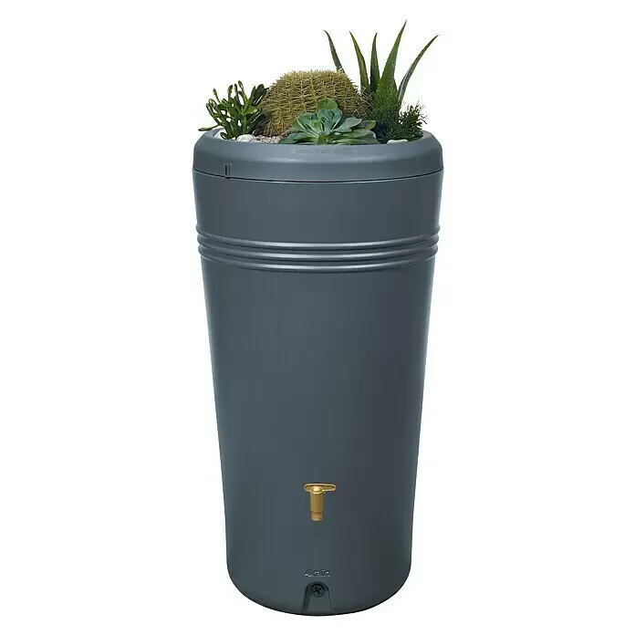 Garantia Regenspeicher Azura 2in1 - 230 l, Graphite - Dunkelgraues Regenfass aus recyceltem Kunststoff mit integriertem Sukkulenten- und Kakteenpflanzer oben und Messinghahn.