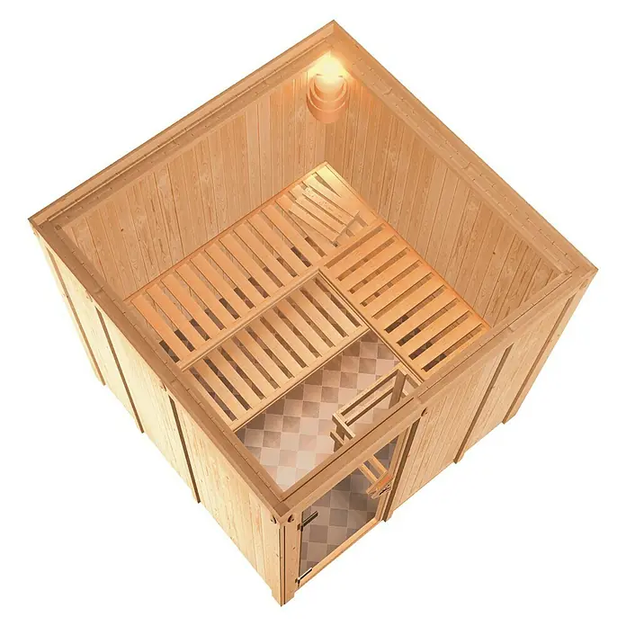 Karibu Elementsauna Rodin - Mit 9 kW Ofen mit integrierter Steuerung, Ohne Dachkranz, L x B x H: 196 x 196 x 192 cm - Innenansicht einer Holzsauna mit Bänken, Tür und Beleuchtung. Die Sauna ist hell und einladend gestaltet.