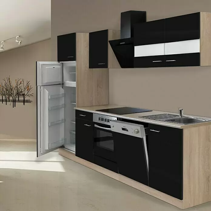 Respekta Composición de cocina Merle - Ancho: 280 cm, Negro, Con electrodomésticos, Volumen horno: 72 l - Cocina compacta con puertas negras brillantes y marco efecto madera, con placa, horno, lavavajillas, fregadero integrados y nevera.