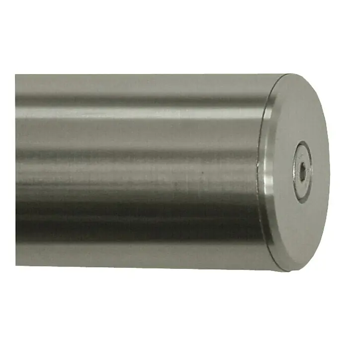 Treba Frewa Endkappe E48 - Edelstahl V2A, Geeignet für: Metallhandlauf Ø 42,4 x 2 mm - Nahaufnahme eines zylindrischen Edelstahlprodukts mit Schraube. Ideal für industrielle Anwendungen und hochwertige Designs.
