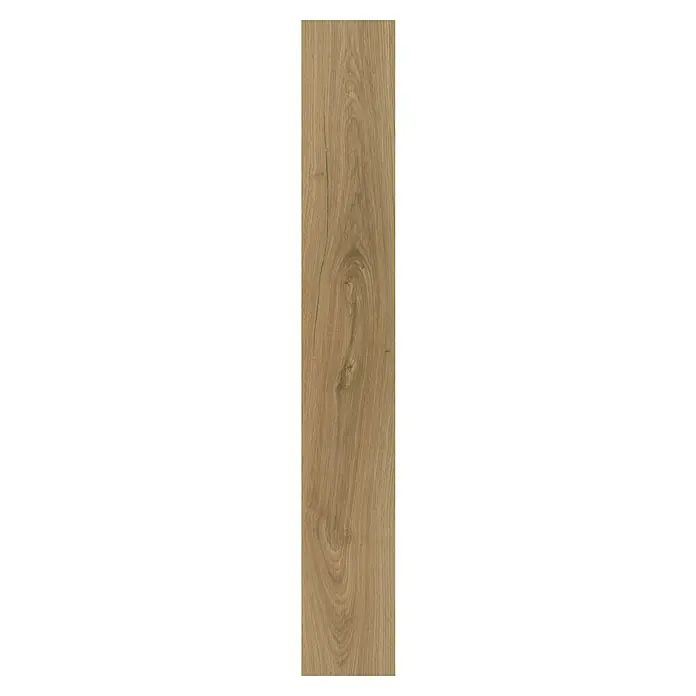 Laminado Roble Bach - 1.202 x 195 x 12 mm, Roble, AC5 - Primer plano de una tabla de madera que muestra un grano prominente y tonos cálidos, ideal para suelos de alta calidad.