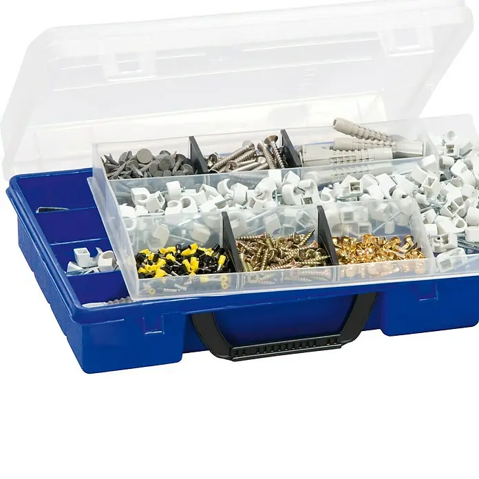 Wisent Kleinteilekoffer 3-13/4 - Anzahl Fächer: 17 Stk., 280 x 200 x 85 mm - Eine blaue Sortimentsbox mit transparentem Deckel, gefüllt mit verschiedenen Befestigungselementen für Kabel und Schrauben.