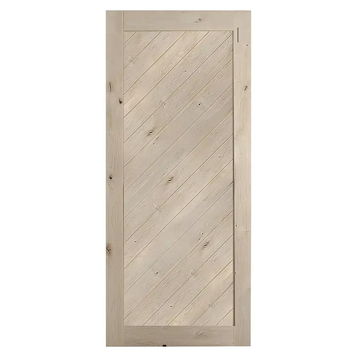 Puerta corredera de madera Darby - An x Al: 75 x 210 cm - Una puerta de madera de color claro con tablones colocados en diagonal dentro de un marco rectangular, mostrando un patrón de grano de madera natural.