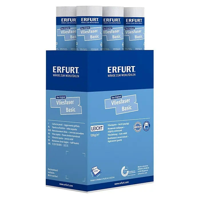 Erfurt Vliestapete Vliesfaser Basic - 108, Uni, 10,05 x 0,53 m - Nahaufnahme einer Packung Erfurt Vliesfaser Basic Tapetenrollen, die für ihre einfache Verarbeitung und hochwertige Qualität bekannt sind.
