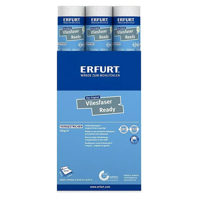 Erfurt Vliestapete Vliesfaser Ready - 300, Uni, 10,05 x 0,53 m - Produktabbildung der Erfurt Vliesfaser Ready-Tapete, eine vorgefertigte, hochwertige Wandbekleidung für ein angenehmes Wohngefühl.