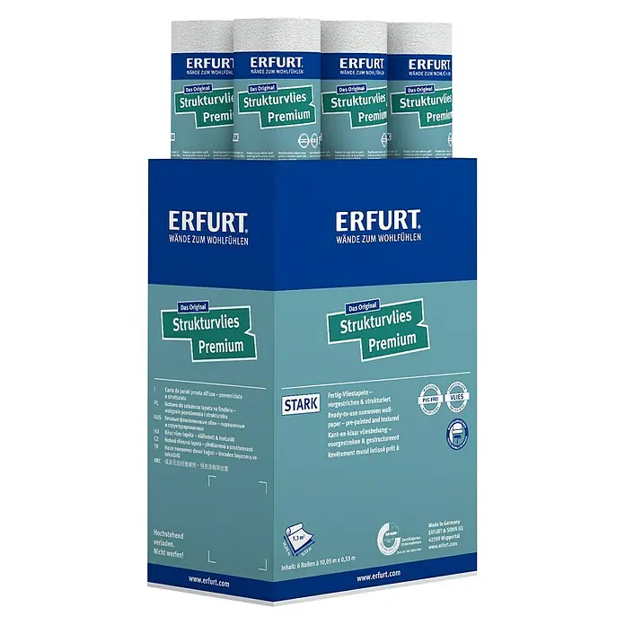 Erfurt Vliestapete Strukturvlies Premium - 504, Uni, 10,05 x 0,53 m - Abbildung einer Packung Erfurt Strukturvlies Premium, einer vorgefertigten und strukturierten Vliestapete für Wände.