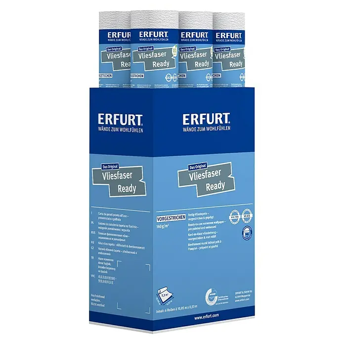 Erfurt Vliestapete Vliesfaser Ready - 304, Uni, 10,05 x 0,53 m - Erfurt Vliesfaser Ready: Fertig-Vliestapete für Wände zum Wohlfühlen, vorgestrichen & geprägt in einer Packung mit 6 Rollen.