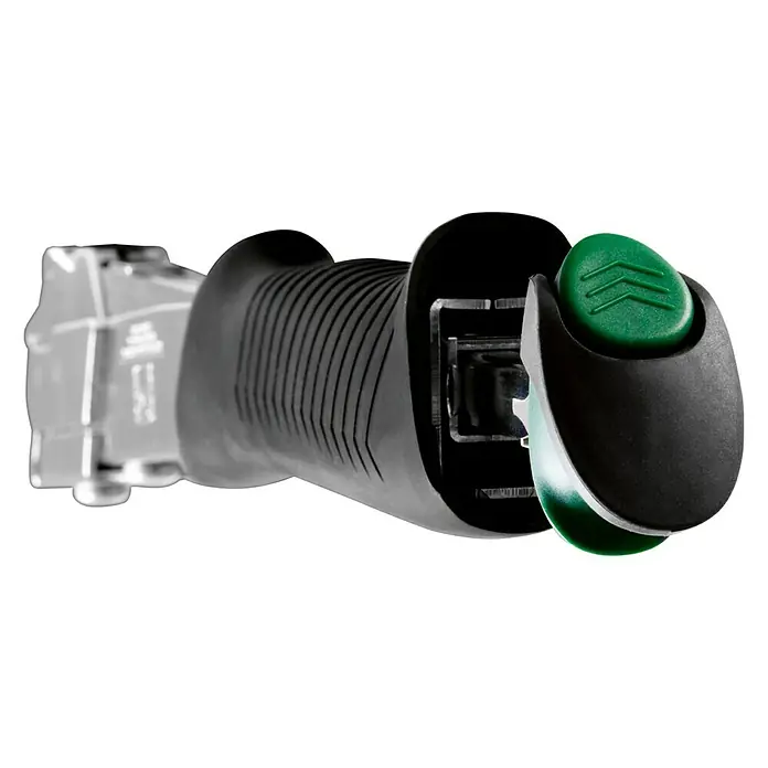 Rapid Hammertacker R311 - Klammertiefe: 6 mm - 12 mm, Geeignet für: Flachdrahtheftklammern Typ 140 (6 - 12 mm) - Abbildung einer Stichsäge mit Akku und grüner Taste. Die Säge hat einen schwarzen Griff und ein transparentes Gehäuse für eine bessere Sicht.