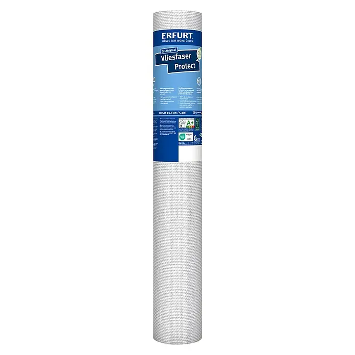Erfurt Vliestapete Vliesfaser Protect - 206, Uni, 10,05 x 0,53 m - Produktaufnahme einer Rolle Erfurt Vliesfaser Protect Tapete. Die Tapete ist weiß und hat eine feine Textur. Ideal für ein stilvolles Zuhause.