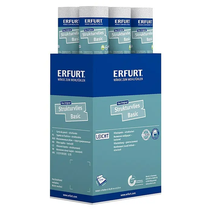 Erfurt Vliestapete Strukturvlies Basic - 400, Uni, 10,05 x 0,53 m - Produktansicht von Erfurt Strukturvlies Basic, einer hochwertigen, strukturierten Vliestapete für ein angenehmes Wohngefühl.