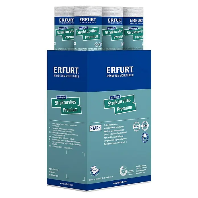 Erfurt Vliestapete Strukturvlies Premium - 502, Uni, 10,05 x 0,53 m - Abbildung einer Packung Erfurt Strukturvlies Premium Tapetenrollen. Die Tapeten sind sofort verwendbar und haben eine strukturierte Oberfläche.
