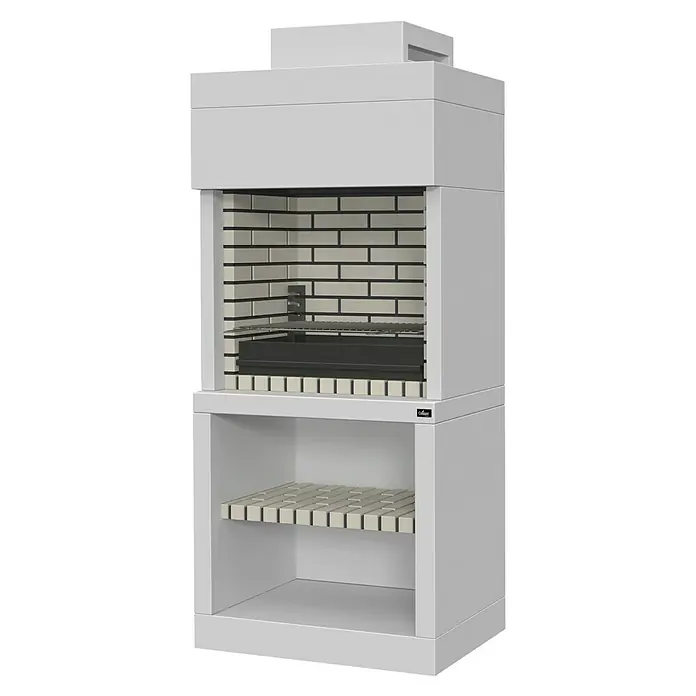 Collippo Vilamoura Barbacoa de obra - An x Pr x Al: 90 x 58 x 210 cm, Superficie parrilla: 71,5 x 53 cm, Blanco - Imagen de una parrilla de cocina exterior blanca con espacio de almacenamiento. El patrón de ladrillo en la cámara de cocción le da un aspecto especial.