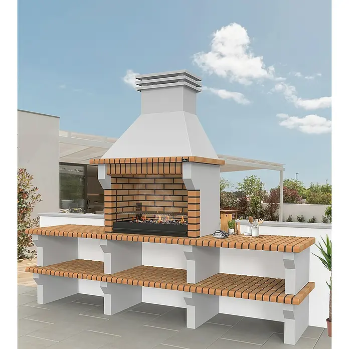 Collippo Viana Barbacoa de obra - An x Pr x Al: 305 x 75,5 x 254 cm, Superficie parrilla: 89 x 50 cm, Marrón - La imagen muestra una barbacoa de ladrillo con estantes de almacenamiento, ideal para el jardín. La barbacoa es de ladrillo, los estantes son de madera y concreto.