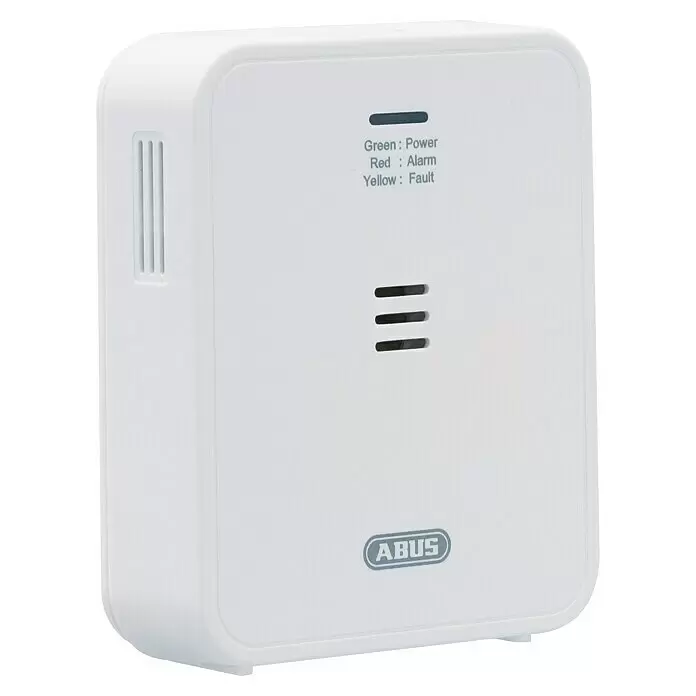 Kohlenmonoxidmelder COWM 370 - L x B x H: 37 x 85 x 98 mm - Weißes rechteckiges ABUS Alarm-/Sensormodul mit Statusleuchten und Lüftungsschlitzen.