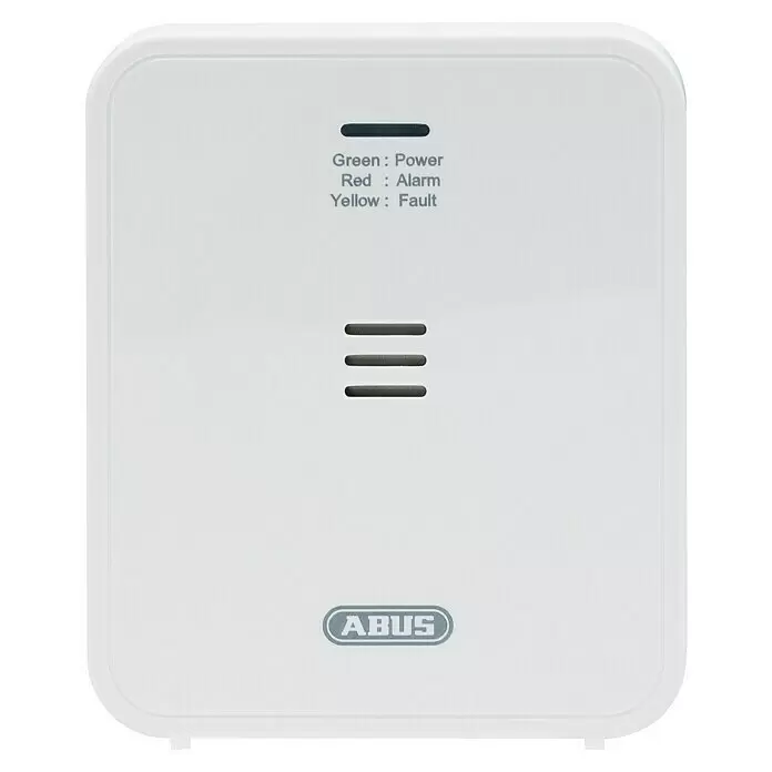 Kohlenmonoxidmelder COWM 370 - L x B x H: 37 x 85 x 98 mm - Weißes, rechteckiges ABUS Sicherheitsgerät mit LED-Anzeigen für Strom, Alarm und Fehler sowie Lautsprechergitter.