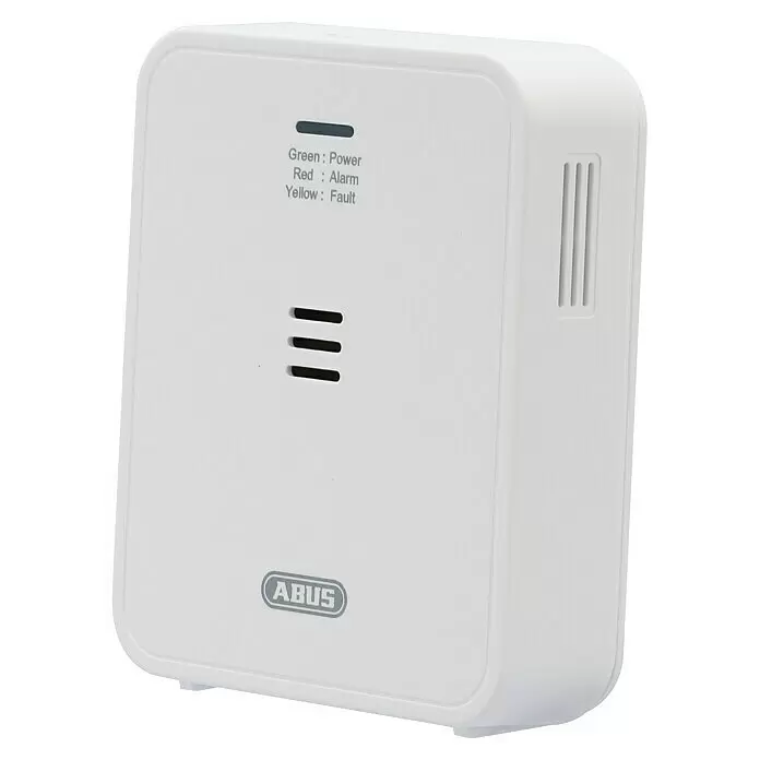 Kohlenmonoxidmelder COWM 370 - L x B x H: 37 x 85 x 98 mm - Weißer ABUS-Detektor mit Anzeigen für Strom, Alarm und Fehler sowie Lüftungsschlitzen.