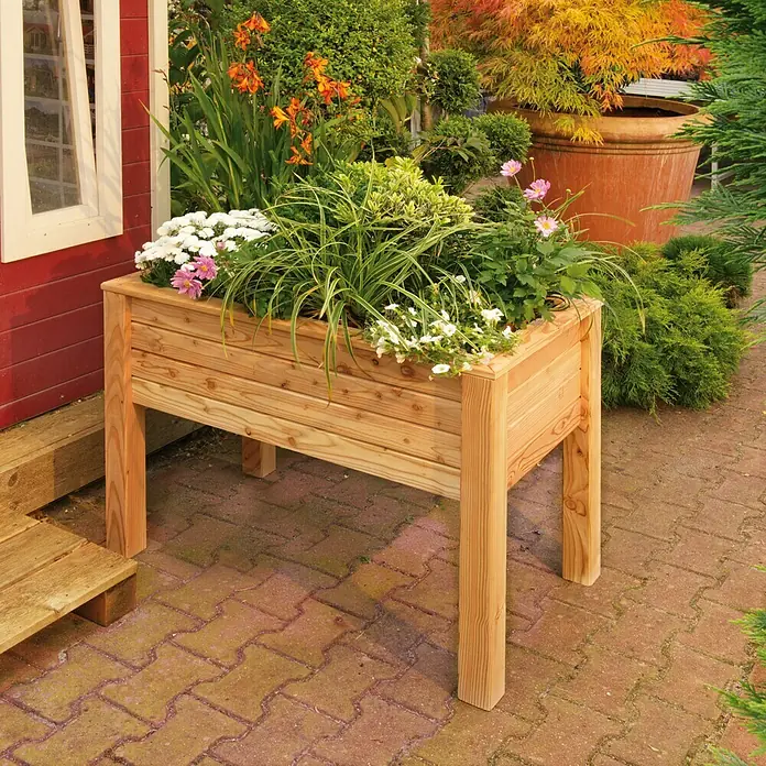 Hochbeet Rhombus - 100 x 58 x 75 cm, Holz, Natur - Erhöhtes Pflanzgefäß aus Holz mit verschiedenen Blumen und Pflanzen. Perfekt für den Garten oder die Terrasse.