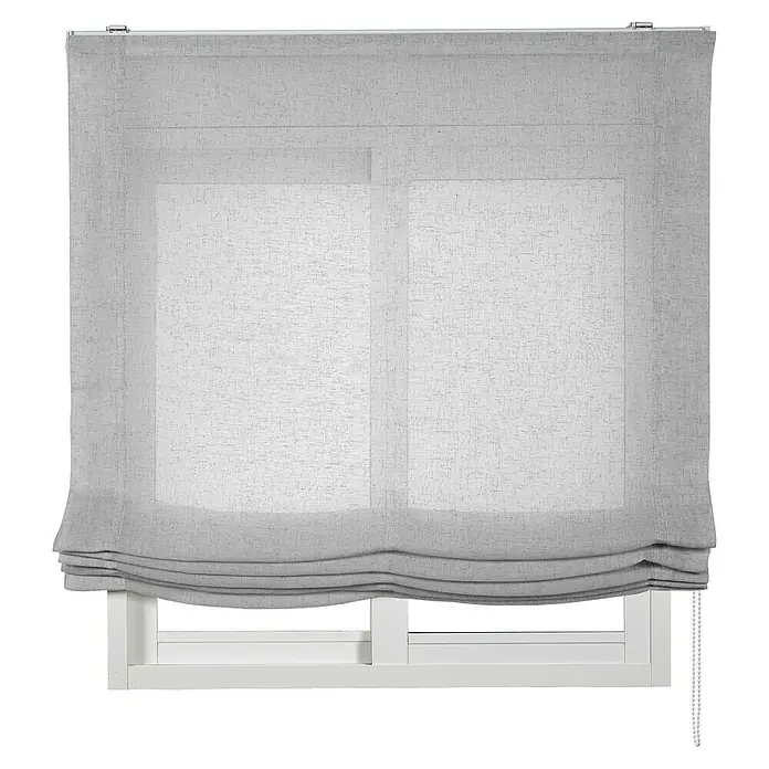 Estor enrollable Paqueto Linum - An x Al: 135 x 175 cm, Gris, Unicolor - Una estor romana de tela gris cubre una ventana, proporcionando privacidad y luz suave. El diseño sencillo complementa varios estilos interiores.