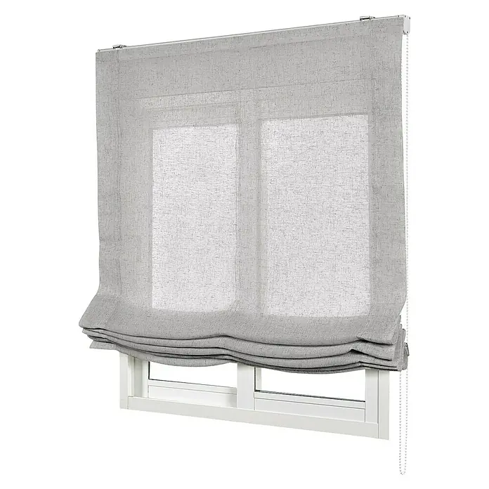Estor enrollable Paqueto Linum - An x Al: 135 x 175 cm, Gris, Unicolor - Cortinas romanas grises semicerradas adornan una ventana con marco blanco, ofreciendo una decoración elegante y funcional.