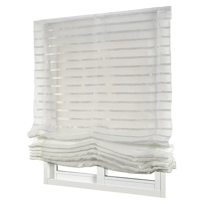 Estor plegable Paqueto Cintas - An x Al: 150 x 175 cm, Blanco - Primer plano de un elegante estor romano blanco fruncido con delicadas rayas horizontales y un fondo suave y plegado.