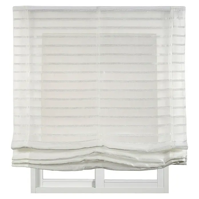 Estor plegable Paqueto Cintas - An x Al: 150 x 175 cm, Blanco - Ventana con un estor romano blanco translúcido con rayas horizontales, parcialmente levantado para filtrar la luz.