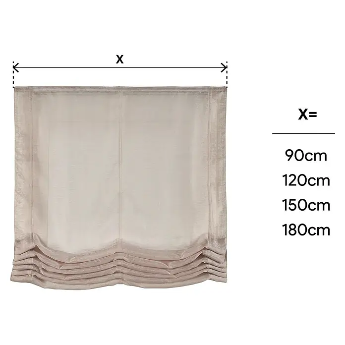 Estor plegable Paqueto Basic - An x Al: 90 x 175 cm, Piedra - En la imagen se muestra una cortina fruncida con anchos de 90 cm, 120 cm, 150 cm y 180 cm para elegir. Se muestran las dimensiones de la cortina.