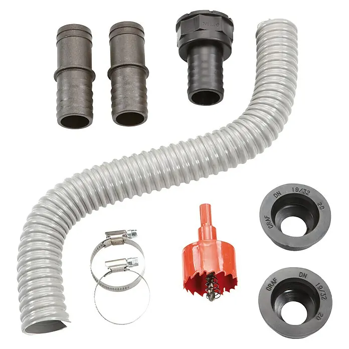 Garantia Verbindungs-Set Flex-Comfort - Schlauchlänge: 40 cm, Grau - Gartenbewässerungsset mit Schlauch, Verbindungsstücken, Lochsäge und Dichtungen für effiziente Regenwassernutzung.