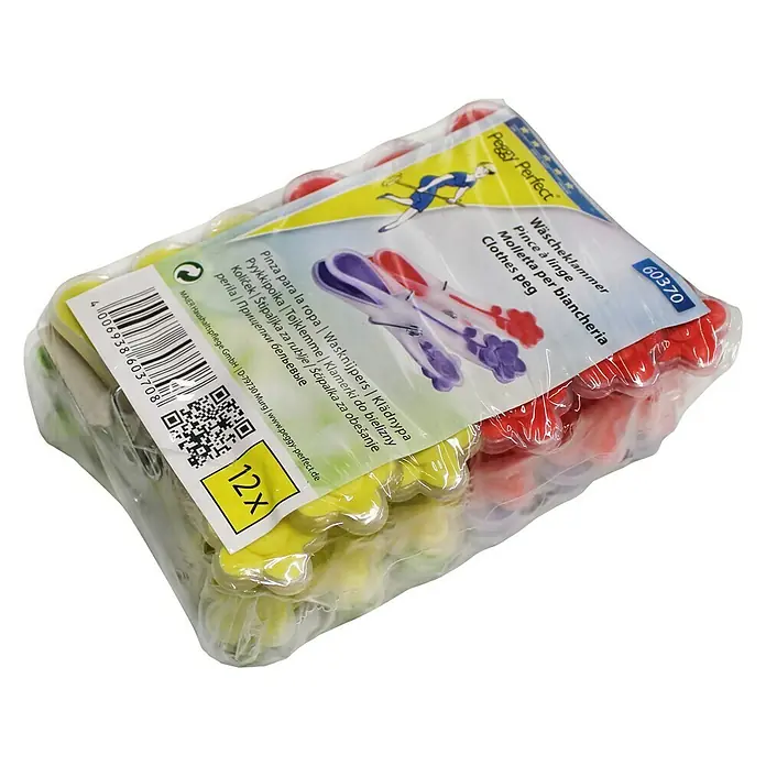 Wäscheklammern Sunflower - Gummiert - Eine Packung Peggy Perfect Wäscheklammern in verschiedenen Farben, verpackt in durchsichtigem Plastik.