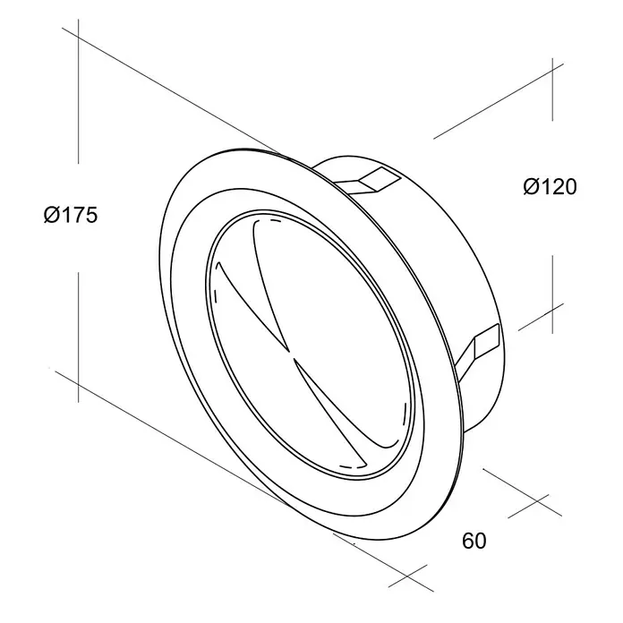 Air-Circle Tellerventil - Durchmesser Anschlussstutzen: 125 mm, Mit Stutzen, Edelstahl - Abbildung eines runden Tellerventils mit den Maßen Ø175, Ø120 und 60 für Lüftungszwecke.