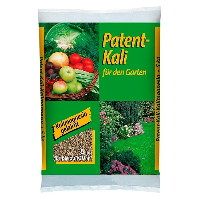Patentkali - 5 kg, Max. Anwendungsfläche: 100 m² - Bild einer Packung Patent-Kali Kalimagnesia Dünger, 5 kg für den Garten.