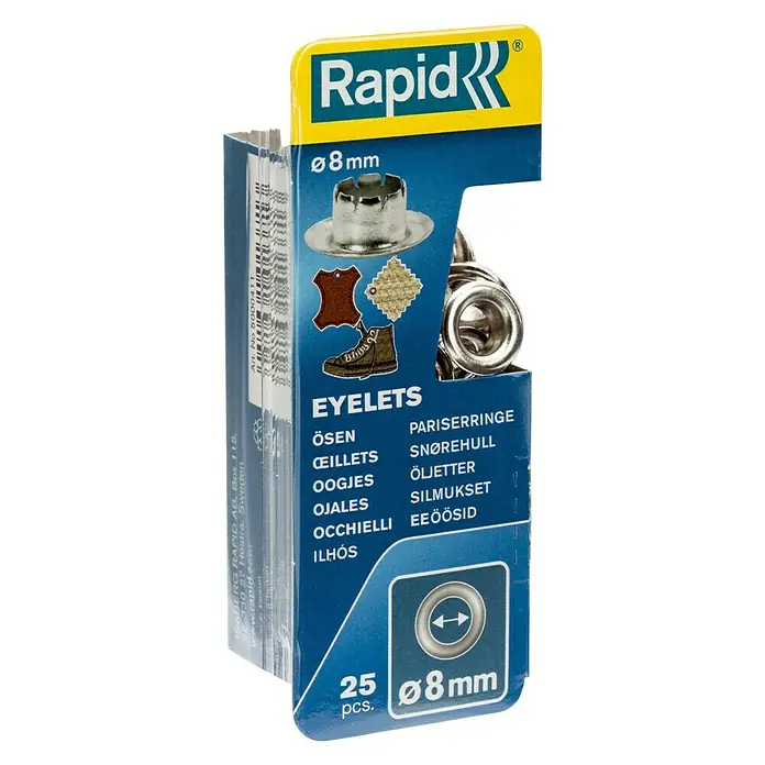 Rapid Ösen - Durchmesser: 8 mm, 25 Stk. - Eine Packung Rapid Ösen, 8mm Durchmesser, 25 Stück, für vielseitige Anwendungen in Leder und Stoff. Ideal für Handwerk und DIY.