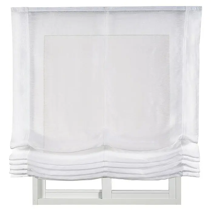 Estor plegable Paqueto Basic - An x Al: 150 x 175 cm, Blanco - Primer plano de una cortina romana blanca frente a una ventana, filtrando suavemente la luz y creando un ambiente elegante.