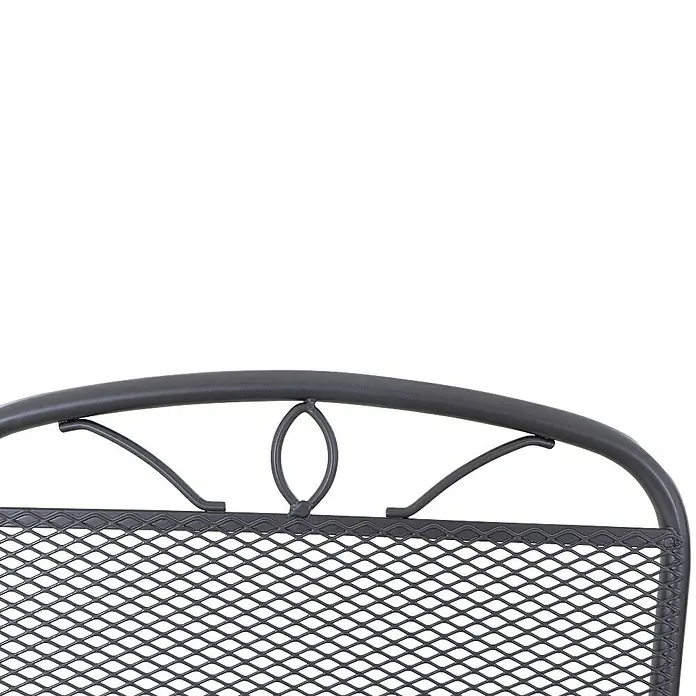 Siena Garden Elda GartenbankAnthrazit, Stapelbar - Nahaufnahme eines stilvollen, schwarzen Metallstuhlgestells mit filigranem Netzmuster.