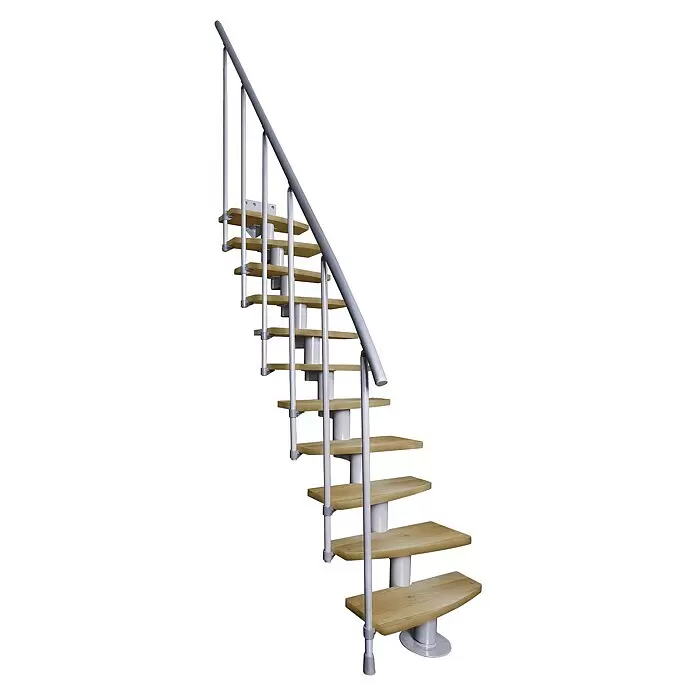 Atrium Raumspartreppe Mini Plus - Farbton Metall: RAL 9006, Breite: 60 cm, Buche, Geschosshöhe: 222 cm - 300 cm - Modulare Treppe mit hellen Holzstufen und grauem Metallgeländer.