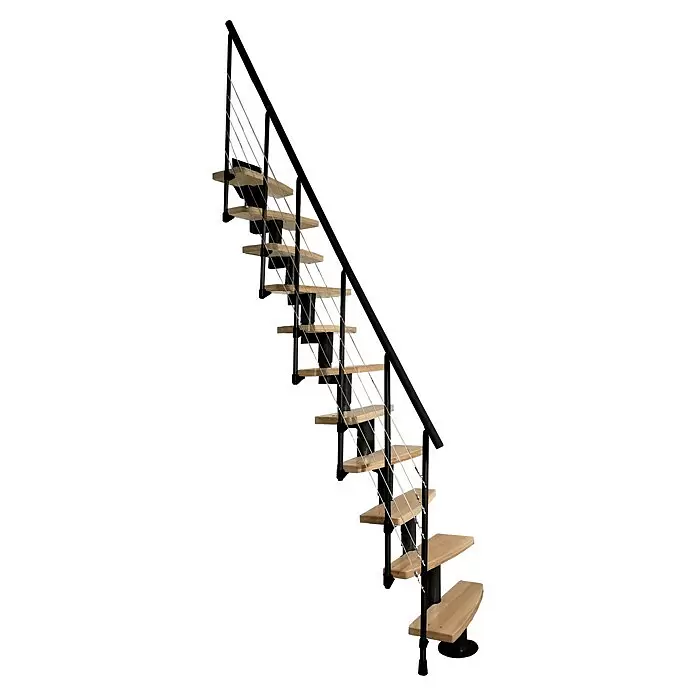 Atrium Raumspartreppe Mini Plus Linco - Farbton Metall: RAL 9005, Breite: 60 cm, Buche, Geschosshöhe: 222 cm - 300 cm - Moderne Treppe aus schwarzem Metall und hellem Holz mit Drahtseilgeländer, platzsparendes Design.