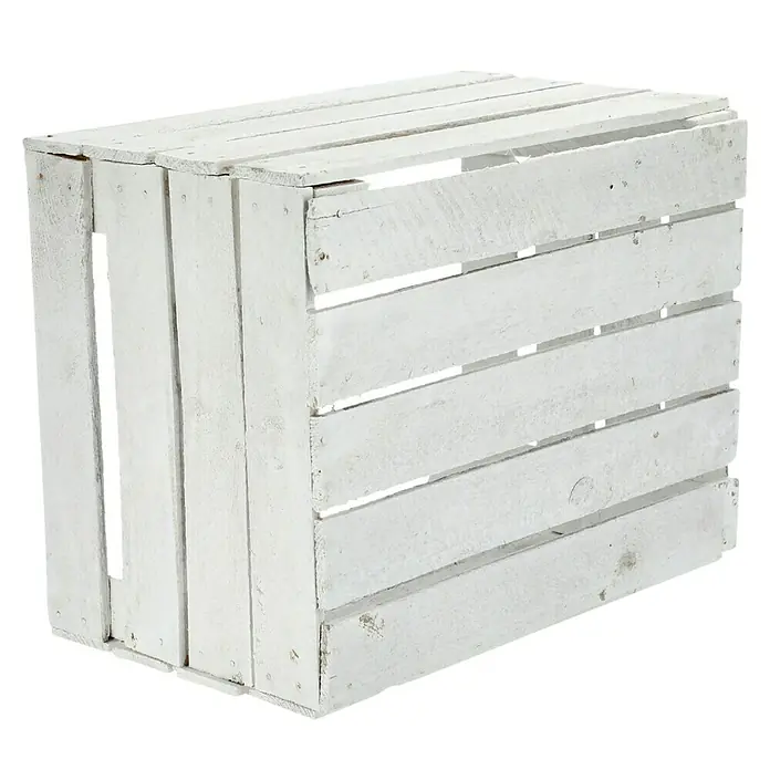 Obstkiste - Weiß, L x B x H: 50 x 40 x 30 cm, Holz - Ein weiß gestrichener Holzkasten mit Lattenstruktur, ideal zur Aufbewahrung oder als dekoratives Element. Vielseitig und rustikal.