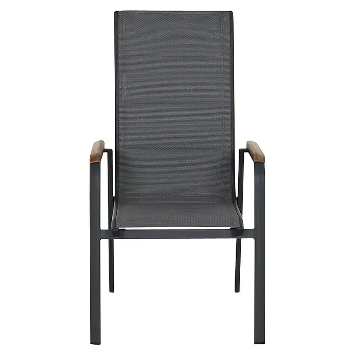 Siena Garden Stapelstuhl Tesoro High Back - 2 Stk., Ranotex®-Gewebe, Stapelbar, Anthrazit, B x T x H: 62,5 x 70,5 x 110 cm - Ein grauer Terrassenstuhl mit Armlehnen aus Holz, ideal für den Außenbereich, bietet Komfort und modernes Design für entspannte Stunden im Garten.