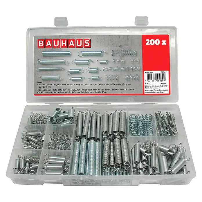 BAUHAUS Surtido de muelles - 200 ud., Metal - Surtido de 200 resortes de tracción de BAUHAUS, ideal para aficionados al bricolaje y profesionales. Contiene varios tamaños para diferentes aplicaciones.
