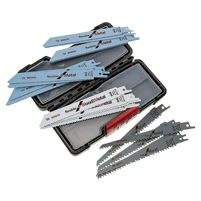 Bosch Juego de hojas de sierra de sable Tough Box - 20 pzs. - Un juego de hojas de sierra de sable Bosch para madera y metal, mostrando diferentes tipos de hoja.