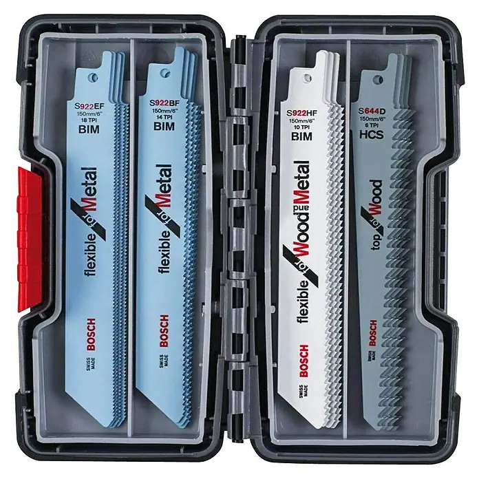 Bosch Säbelsägeblatt-Set - 20 -tlg. - Eine geöffnete Box mit Bosch Säbelsägeblättern für Metall- und Holzarbeiten, ideal für vielfältige Sägeaufgaben.