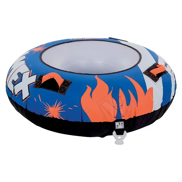 Talamex Funtube-Set Fire - Durchmesser: 137 cm, Geeignet für: 1 Person, Schnellbefestigung - Ein aufblasbarer Schlittenreifen in Blau, Weiß und Orange mit Griffen und Flammendesign für Winterspaß.