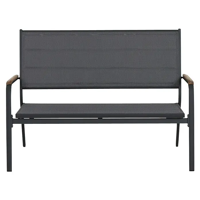 Siena Garden Tesoro Gartenbank - B x T x H: 138,5 x 67 x 97 cm, Anthrazit, Stapelbar, Teak Armlehnen - Das Bild zeigt eine graue Gartenbank mit Textilbespannung und Armlehnen aus Holz. Sie lädt zum Verweilen im Garten oder auf der Terrasse ein.