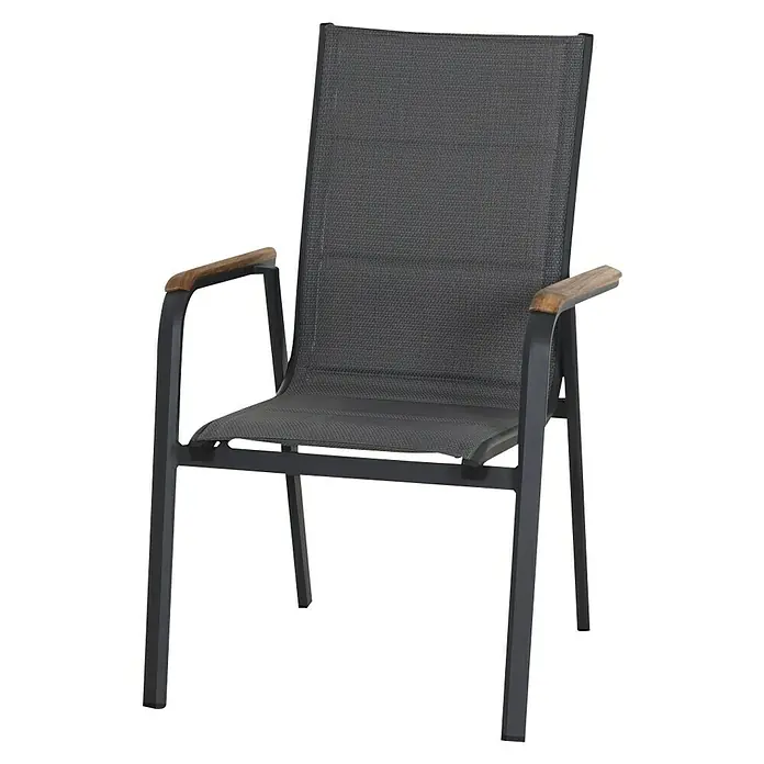 Siena Garden Tesoro Stapelsessel - Stapelbar, Anthrazit, B x T x H: 62,5 x 68 x 98 cm - Bild eines grauen Gartenstuhls mit Armlehnen aus Holz, perfekt für den Außenbereich. Das Design ist modern und einladend.