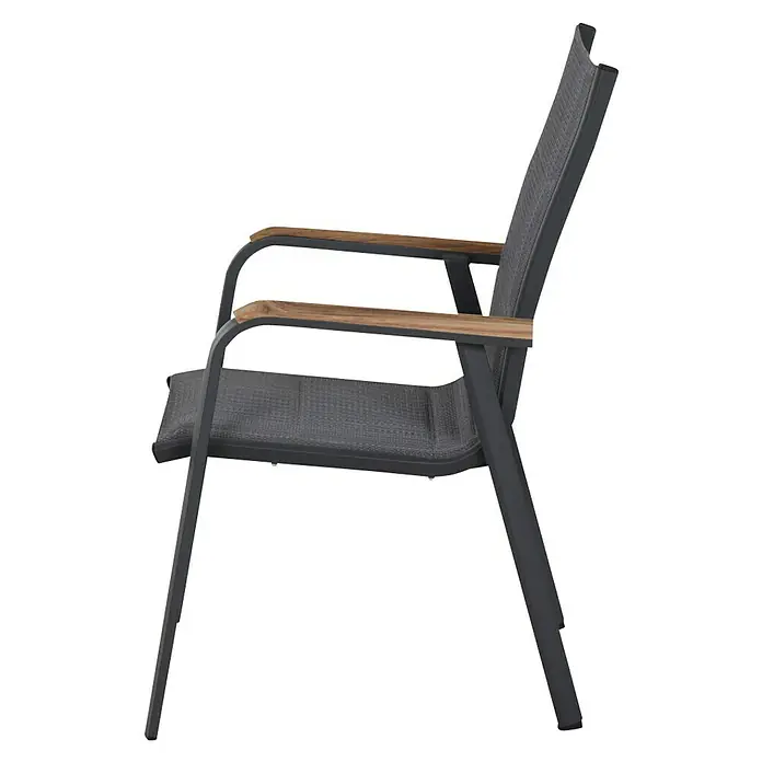 Siena Garden Tesoro Stapelsessel - Stapelbar, Anthrazit, B x T x H: 62,5 x 68 x 98 cm - Seitenansicht eines anthrazitfarbenen Gartenstuhls mit Armlehnen aus Holz und einem Sitz aus Stoff für den Außenbereich.