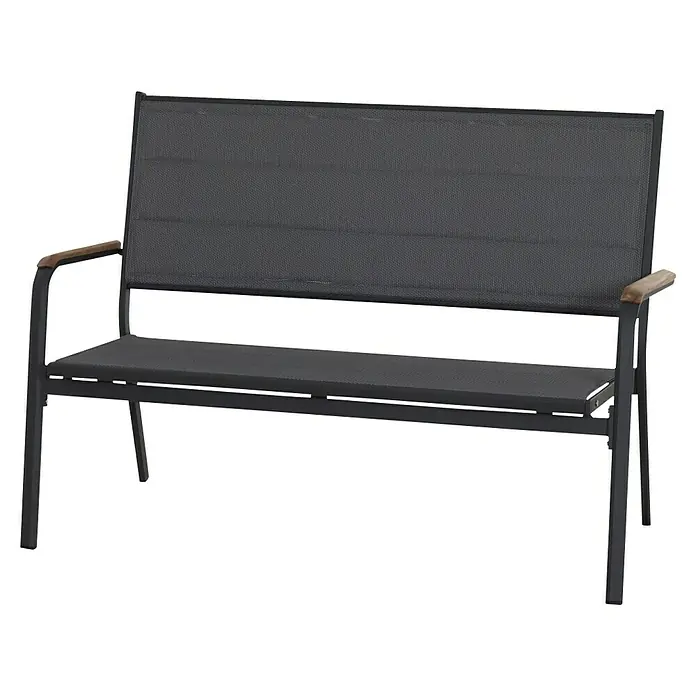 Siena Garden Tesoro Gartenbank - B x T x H: 138,5 x 67 x 97 cm, Anthrazit, Stapelbar, Teak Armlehnen - Eine stilvolle Gartenbank mit dunklem Metallgestell und Holzarmlenken, die zum Verweilen im Freien einlädt. Perfekt für Garten oder Terrasse.