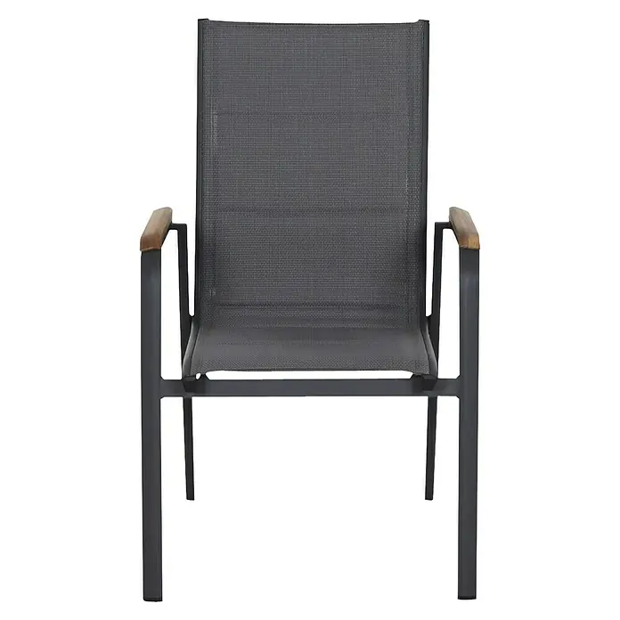 Siena Garden Tesoro Stapelsessel - Stapelbar, Anthrazit, B x T x H: 62,5 x 68 x 98 cm - Nahaufnahme eines modernen grauen Gartenstuhls mit Armlehnen aus Holz, ideal für den Außenbereich und entspannende Stunden.