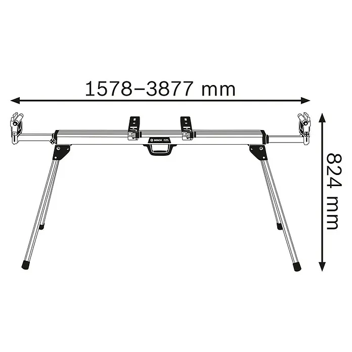 Bosch Professional Transport- & Arbeitstisch GTA 3800 - Arbeitshöhe: 824 mm, Traglast: 250 kg, Geeignet für: Kappsägen - Bild eines Arbeitstisches mit den Maßen 1578–3877 mm in der Breite und 824 mm in der Höhe.