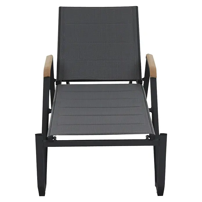 Siena Garden Tesoro Sonnenliege mit Teakapplikation - L x B x H: 195 x 69,5 x 108 cm, Anthrazit - Nahaufnahme eines stilvollen grauen Gartenstuhls mit Armlehnen aus Holz, ideal für entspannte Stunden im Freien.